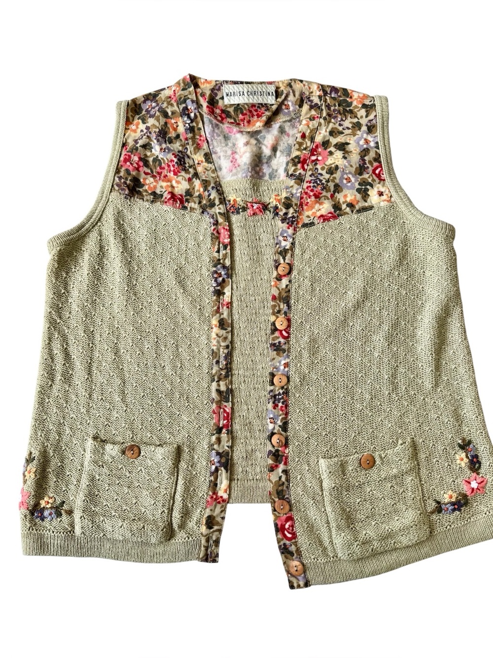 Vintage Marisa Christina Floral Embroidered Sweater Vest Cardigan Large